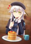  altina_orion artist_request beret brick_wall cup eating eiyuu_densetsu food fork green_eyes hair_flaps hajimari_no_kiseki hand_on_own_cheek hand_on_own_face hat heart highres indoors long_hair milk mug pancake school_uniform sen_no_kiseki sidelocks white_hair 