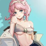  1girl absurdres arknights baijugege_buchiyu bandeau bangs bare_shoulders blue_background blue_eyes blue_poison_(arknights) blue_poison_(shoal_beat)_(arknights) blush breasts chinese_commentary choker commentary_request earrings hairband highres jewelry looking_at_viewer midriff navel pink_choker pink_hair short_hair small_breasts smile solo stomach strap_slip upper_body white_hairband 