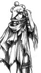  1girl adjusting_hood character_hood cloak final_fantasy final_fantasy_vii final_fantasy_vii_remake greyscale hood_over_one_eye monochrome nomura_tetsuya official_art short_shorts shorts simple_background single_thighhigh sketch smile solo standing thigh-highs yuffie_kisaragi 