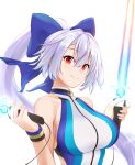  1girl bangs blue_bow blue_swimsuit bow breasts dual_wielding energy_sword fate/grand_order fate_(series) hair_between_eyes hair_bow highres holding large_breasts long_hair looking_at_viewer one-piece_swimsuit ponytail red_eyes silver_hair smile swimsuit sword tohoho_(hoshinoyami) tomoe_gozen_(fate) tomoe_gozen_(swimsuit_saber)_(fate) two-tone_swimsuit weapon white_swimsuit wristband 