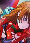  1boy 1girl bangs blue_eyes blush bodysuit breasts highres ikari_shinji neon_genesis_evangelion number open_mouth plugsuit rebuild_of_evangelion red_bodysuit redhead souryuu_asuka_langley torn_clothes 