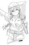  1girl arms_up bangs braid breasts character_name closed_mouth clothes_lift cropped_legs ergot eyebrows_visible_through_hair greyscale kantai_collection long_hair monochrome red_eyes rigging shirt sidelocks signature simple_background single_braid sketch solo souya_(kancolle) spot_color sweat 