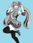  1girl bangs blue_background blush breasts commentary_request detached_sleeves eyebrows_visible_through_hair finger_frame foot_out_of_frame greyscale hair_between_eyes hair_ornament hatsune_miku highres imori_(46296895) leg_up long_hair looking_to_the_side medium_breasts monochrome necktie number open_mouth shirt shoes simple_background skirt sleeveless sleeveless_shirt smile solo thigh-highs twintails very_long_hair vocaloid 