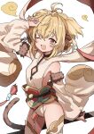  1girl absurdres ahoge andira_(granblue_fantasy) animal_ears blonde_hair detached_leggings erune gazacy_(dai) hagoromo highres monkey monkey_ears monkey_girl monkey_tail one_eye_closed open_mouth red_eyes shawl short_hair smile solo tail twintails two_side_up 
