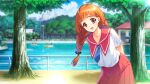  1girl :d arms_behind_back bangs black_ribbon blue_neckwear blurry blurry_background braid brown_eyes collared_shirt day doukyuusei game_cg hair_ribbon highres lake leaning_to_the_side long_hair looking_at_viewer nishina_kurumi official_art open_mouth orange_hair outdoors pleated_skirt red_sailor_collar red_skirt ribbon sailor_collar sailor_shirt school_uniform serafuku shiny shiny_hair shirt skirt smile solo standing sumeragi_kohaku sunlight tree twin_braids white_shirt 