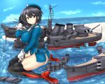  1girl beret black_gloves black_hair black_legwear blue_headwear blue_skirt breasts cannon garter_straps gloves hat highres kantai_collection large_breasts military military_uniform miniskirt red_eyes rigging short_hair short_hair_with_long_locks sidelocks sitting skirt smokestack solo takao_(kancolle) thigh-highs torpedo_launcher turret uniform wariza yashio_(0321) 