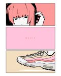 1girl bangs english_text flat_color hand_up headphones mouth_out_of_frame original print_footwear redhead shoes solo yoshi_mi_yoshi 