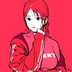  1girl black_eyes breasts flat_color hand_up highres jacket long_hair looking_at_viewer medium_breasts off_shoulder original parted_lips pink_shirt print_shirt red_background red_jacket red_theme redhead shirt simple_background smile solo upper_body yoshi_mi_yoshi 