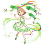  1girl :d ankle_ribbon asuna_(sao) brown_eyes brown_hair collarbone dress fish flower frilled_dress frills full_body green_footwear green_ribbon hair_flower hair_ornament hair_ribbon highres layered_dress looking_at_viewer official_art open_mouth outstretched_arms pumps purple_flower ribbon short_hair simple_background sleeveless sleeveless_dress smile solo sundress sword_art_online sword_art_online:_code_register sword_art_online:_memory_defrag white_background white_legwear younger 