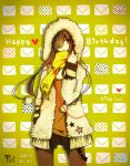  alternate_costume bad_id bad_pixiv_id character_name earphones happy_birthday hood hoodie jacket kagerou_project kido_tsubomi letter long_hair original pantyhose pom_pom_(clothes) red_eyes scarf shorts solo wire 