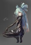  1girl ass blush bodysuit girls_frontline heavy_breathing latex light_blue_hair living_clothes long_hair maoge pa-15_(girls_frontline) slime_(substance) solo squatting very_long_hair 