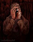  1boy artist_name bandaged_hand blonde_hair blood blood_stain bloody_clothes covering_face dark_background ethan_winters fewer_digits injury jacket lesle_kieu looking_at_viewer resident_evil resident_evil_village shaded_face solo upper_body yellow_jacket 