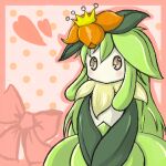  blush border bow brown_eyes commentary_request crown flower gen_5_pokemon heart lilligant lowres mini_crown no_humans no_mouth okota_mikan orange_flower outline pink_border pink_outline pokemon pokemon_(creature) polka_dot polka_dot_background red_bow solo tilted_headwear 