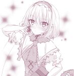  1girl alice_margatroid bangs blush book capelet closed_mouth dress eyebrows_visible_through_hair hair_between_eyes hairband hand_up looking_at_viewer monochrome nanase_nao puffy_short_sleeves puffy_sleeves short_sleeves solo touhou upper_body white_background 