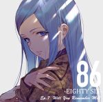  1girl 86_-eightysix- anju_emma blue_eyes blue_hair camouflage camouflage_jacket copyright_name episode_number episode_title from_side hand_on_own_shoulder jacket long_hair long_sleeves looking_at_viewer looking_to_the_side mole open_mouth pocket shirabi sidelocks simple_background solo 