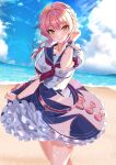  1girl anchor bangs beach blue_sailor_collar blue_skirt blue_sky blush bow braid breasts brown_eyes closed_mouth clouds cloudy_sky commentary_request commission day eyebrows_visible_through_hair frilled_skirt frills hair_between_eyes hand_up head_tilt highres horizon idolmaster idolmaster_cinderella_girls jougasaki_mika medium_breasts neckerchief ocean outdoors pink_hair puffy_short_sleeves puffy_sleeves red_bow red_neckwear sailor_collar sand school_uniform serafuku shirt short_sleeves skeb_commission skirt sky smile solo sutoroa water white_shirt 