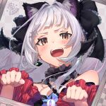  1girl animal_ears bangs bare_shoulders black_ribbon blunt_bangs cat_ears detached_sleeves frills hair_ribbon highres hololive looking_at_viewer murasaki_shion nonca open_mouth paw_pose ribbon sidelocks solo virtual_youtuber white_hair 