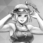  1girl armpits bare_shoulders breasts commentary_request eyewear_on_head freckles greyscale looking_at_viewer lucia_morgan monochrome official_alternate_costume open_mouth polka_dot polka_dot_background signature smile solo sports_bra sportswear street_fighter street_fighter_v tied_hair tokkotoritori translation_request upper_body visor_cap 