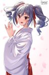  1girl :d absurdres artist_name blush cherry_blossoms commentary_request dated drill_hair grey_hair hair_ribbon hakama highres idolmaster idolmaster_cinderella_girls japanese_clothes kanzaki_ranko kimono looking_at_viewer miko open_mouth petals red_eyes red_hakama red_ribbon ribbon smile solo takatsuki_p twin_drills twintails white_kimono wide_sleeves 