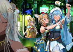  4girls =_= alley anger_vein angry animal_ears blonde_hair blue_hair blurry blush bottle cowboy_shot depth_of_field drunk fox_girl highres hololive lion_ears momosuzu_nene multiple_girls nepolabo omaru_polka rinki_oohen sake_bottle shishiro_botan silver_hair tearing_up yukihana_lamy 