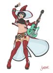  1girl abs absurdres artist_name bare_shoulders black_hair boots breasts electric_guitar fingerless_gloves full_body glasses gloves guilty_gear guilty_gear_strive guitar hat highres i-no instrument looking_at_viewer makeup medium_breasts midriff mole mole_above_mouth navel red_headwear shardanic short_hair simple_background smile solo standing stomach thigh-highs thigh_boots under_boob white_background witch_hat 