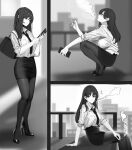  1girl ass bag bangs breasts cellphone cigarette gongba_laoge greyscale high_heels long_hair monochrome necktie office_lady original pantyhose pencil_skirt phone sitting skirt smartphone smoking squatting 
