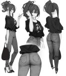  1girl ass back bag breasts chinese_text denim gongba_laoge greyscale high_heels jeans long_hair monochrome original pants ponytail simple_background translated white_background 