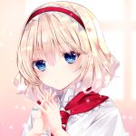  1girl alice_margatroid bangs blonde_hair blue_eyes blush capelet closed_mouth eyebrows_visible_through_hair hair_between_eyes hairband hands_up interlocked_fingers looking_at_viewer nanase_nao own_hands_together red_hairband solo touhou upper_body white_capelet window 