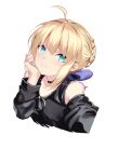  1girl ahoge artoria_pendragon_(all) bangs blush breasts fate/stay_night fate_(series) highres long_hair long_sleeves looking_at_viewer saber simple_background smile spider_apple white_background 