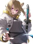 1girl :d animal_ear_fluff animal_ears arknights bangs fang geta_(epicure_no12) grey_shirt hair_between_eyes hair_ornament highres holding holding_sword holding_weapon jacket looking_ahead medium_hair open_clothes open_jacket open_mouth shirt skin_fang smile solo sword tail upper_body utage_(arknights) violet_eyes weapon white_background white_jacket