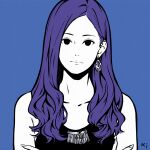 1girl black_eyes blue_background earrings expressionless hair_behind_ear highres jewelry long_hair original purple_hair signature simple_background solo upper_body yoshi_mi_yoshi 