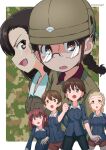  6+girls :o bangs bike_shorts black_hair black_shorts blonde_hair blue_jacket blush_stickers border braid brown_background brown_eyes brown_hair brown_headwear brown_jacket camouflage_background chi-hatan_military_uniform clenched_hand closed_mouth coffeenougat_1985 commentary frown fukuda_haru girls_und_panzer glasses green_shirt grey-framed_eyewear hair_pulled_back hairband headband helmet highres isobe_noriko jacket kawanishi_shinobu kondou_taeko long_hair long_sleeves looking_at_viewer military military_uniform multiple_girls nishi_kinuyo ooarai_military_uniform open_mouth ponytail red_headband red_shorts round_eyewear sasaki_akebi shirt short_hair short_ponytail short_shorts shorts sleeves_rolled_up smirk standing straight_hair swept_bangs textless twin_braids twintails uniform white_border white_hairband 