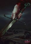  1other absurdres armor blood blood_splatter clouds cloudy_sky commentary corpse death english_commentary fingernails gwent_(game) head_out_of_frame helmet highres holding holding_sword holding_weapon logo manuel_castanon official_art people sharp_fingernails sky solo_focus sword the_witcher weapon 