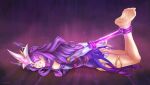  1girl absurdres arms_behind_back aura bdsm bondage bound clenched_teeth elbow_gloves eyepatch facial_mark feet gem gloves glowing hans_ft headgear highres league_of_legends long_hair multicolored multicolored_hair pink_hair purple_hair purple_nails purple_rope restrained rope signature solo star_(symbol) star_guardian_(league_of_legends) star_guardian_syndra syndra teeth toenails white_gloves wooden_floor 