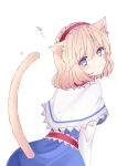  1girl alice_margatroid animal_ears bangs blonde_hair blue_dress blue_eyes capelet cat_ears cat_girl cat_tail dress eyebrows_visible_through_hair from_behind hair_between_eyes hairband kemonomimi_mode leaning_forward looking_at_viewer looking_back nanase_nao red_hairband simple_background solo tail tail_raised touhou white_background white_capelet 
