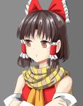  1girl :t absurdres ascot bangs benikurage_(cookie) blush bow brown_eyes brown_hair brown_scarf closed_mouth commentary_request cookie_(touhou) detached_sleeves eyebrows_visible_through_hair frilled_bow frilled_hair_tubes frills grey_background hair_bow hair_tubes hakurei_reimu highres looking_to_the_side nekokatana_catana red_bow scarf shirt short_hair simple_background sleeveless sleeveless_shirt solo striped striped_scarf touhou upper_body yellow_neckwear yellow_scarf 