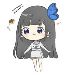  1girl :3 amatsuka_uto_(artist) aoi_nabi barefoot belt birthday black_hair blue_eyes butterfly_hair_ornament chibi earrings english_text food full_body grey_jacket grey_sweater hair_ornament hairclip jacket jewelry long_hair pudding simple_background spoon sweater white_background 