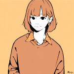  1girl bangs black_eyes bob_cut brown_hair brown_sweater collared_shirt earrings hair_behind_ear highres jewelry looking_at_viewer orange_background orange_shirt orange_theme original plaid plaid_shirt shirt short_hair signature simple_background smile solo sweater yoshi_mi_yoshi 