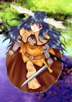  1girl bangs belt blue_hair brown_capelet brown_dress chest_guard commentary_request dress eyebrows_visible_through_hair feathered_wings floral_print frilled_dress frills full_body gauntlets hair_between_eyes hasu_murasaki head_wings highres holding holding_sword holding_weapon long_hair looking_at_viewer parted_lips ragnarok_online red_eyes rose_print solo sword swordsman_(ragnarok_online) weapon white_wings wings 