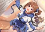  1girl :d ahoge bangs belt blue_dress blue_footwear blue_scrunchie blurry blurry_background boots brown_hair changing_room commentary curtains depth_of_field dress drill_hair dutch_angle eyebrows_visible_through_hair hair_ornament hair_scrunchie idolmaster idolmaster_million_live! indoors kamille_(vcx68) layered_dress long_sleeves medium_hair mirror open_mouth scrunchie shirt short_dress side_drill side_ponytail smile solo standing t-shirt violet_eyes white_belt yokoyama_nao zipper 