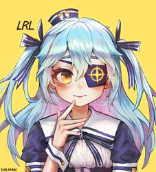  1girl absurdres dalman dixie_cup_hat eyepatch hair_between_eyes hair_ribbon hat highres huge_filesize last_origin light_blue_hair long_hair lrl military_hat ribbon sailor_hat smile twintails two_side_up yellow_background yellow_eyes 