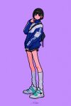  1girl absurdres backpack bag black_bag black_hair black_shorts blue_jacket flat_color full_body highres jacket long_sleeves original print_jacket purple_background shoes short_hair shorts signature simple_background sleeves_past_wrists socks solo standing violet_eyes white_footwear white_legwear yoshi_mi_yoshi 