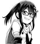  1girl bespectacled detached_sleeves glasses greyscale grin hair_ornament kaauchi kantai_collection monochrome remodel_(kantai_collection) scarf sendai_(kancolle) sidelocks smile solo two_side_up upper_body 