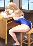  1girl absurdres ass blush_stickers closed_eyes commentary_request desk full_body hairband highres i-26_(kancolle) kantai_collection light_brown_hair long_hair new_school_swimsuit nokonoko sandals school_desk school_swimsuit sitting sleeping solo stool swimsuit two-tone_hairband two-tone_swimsuit two_side_up window 