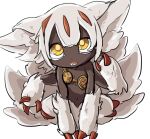  1girl black_skin bright_pupils claws colored_skin extra_arms faputa fewer_digits hands_on_ground looking_at_viewer made_in_abyss monster_girl open_mouth outie_navel sharp_teeth simarba0 simple_background sitting solo teeth white_background white_fur white_pupils yellow_eyes 