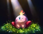  blue_eyes blush_stickers bug butterfly flower grass highres insect kirby kirby_(series) light_rays looking_at_animal ninjya_palette one_eye_closed open_mouth sitting sparkle star_(symbol) sunbeam sunlight 