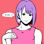  1girl bangs black_eyes dress earrings hair_behind_ear hand_up highres jewelry looking_at_viewer original parted_lips pink_dress purple_hair purple_nails red_background short_hair simple_background smile solo speech_bubble yoshi_mi_yoshi 