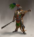  1other absurdres ambiguous_gender animal_helmet armor aztec boots breastplate clawed_gauntlets claws commentary english_commentary full_armor gauntlets helmet highres holding holding_sword holding_weapon knight male_focus manuel_castanon metal_boots original outstretched_arm pelt plume solo sword tiger_pelt weapon 