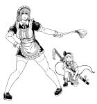  2girls alternate_costume apron ascot bangs breasts broom closed_mouth collared_shirt commentary_request dress enmaided eyebrows_visible_through_hair full_body greyscale hair_between_eyes hairband highres hitodama_print holding holding_broom imori_(46296895) konpaku_youmu large_breasts looking_at_viewer maid maid_apron maid_headdress monochrome multiple_girls one_knee saigyouji_yuyuko scabbard sheath shirt short_hair simple_background skirt smile touhou vest 