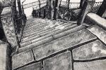  commentary crosshatching greyscale hatching_(texture) highres ibsukionsen monochrome no_humans original outdoors railing road scenery stairs stone_walkway traditional_media traffic_mirror tree 